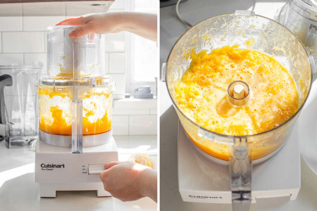 A diptych showing oranges in a food processor, and after they're processed.