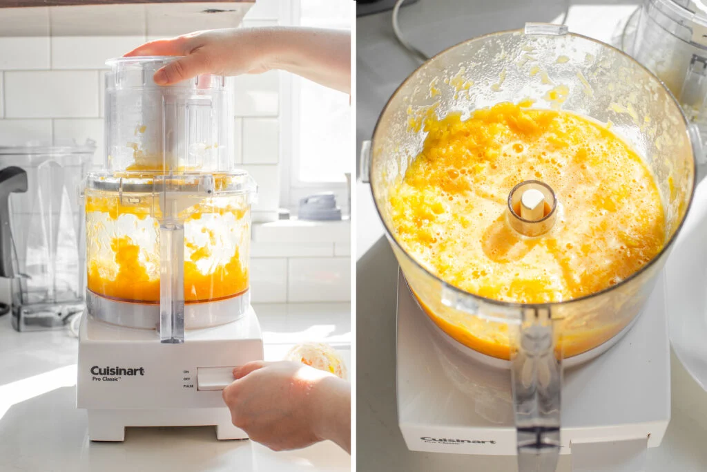 A diptych showing oranges in a food processor, and after they're processed.
