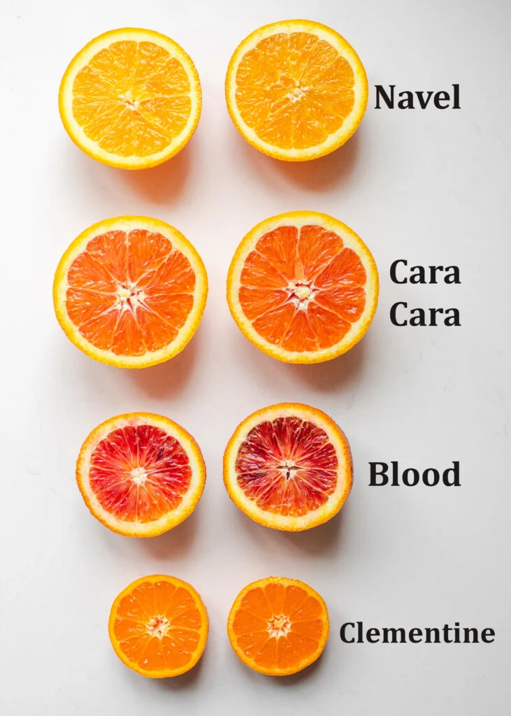 A photo showing 4 different types of oranges.
