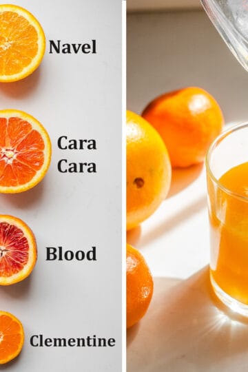 A diptych showing varieties of oranges on the left, and pouring fresh orange juice into a glass on the right.