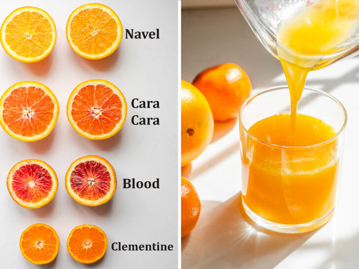 A diptych showing varieties of oranges on the left, and pouring fresh orange juice into a glass on the right.