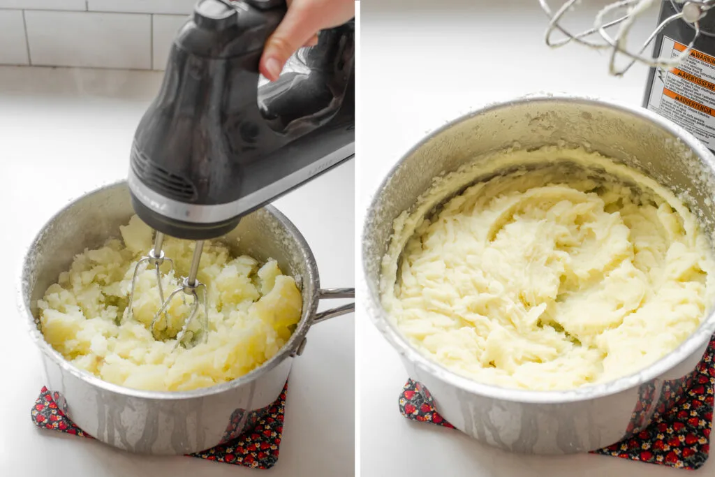 A diptych showing mashing potatoes with a hand mixer, and the finished product.