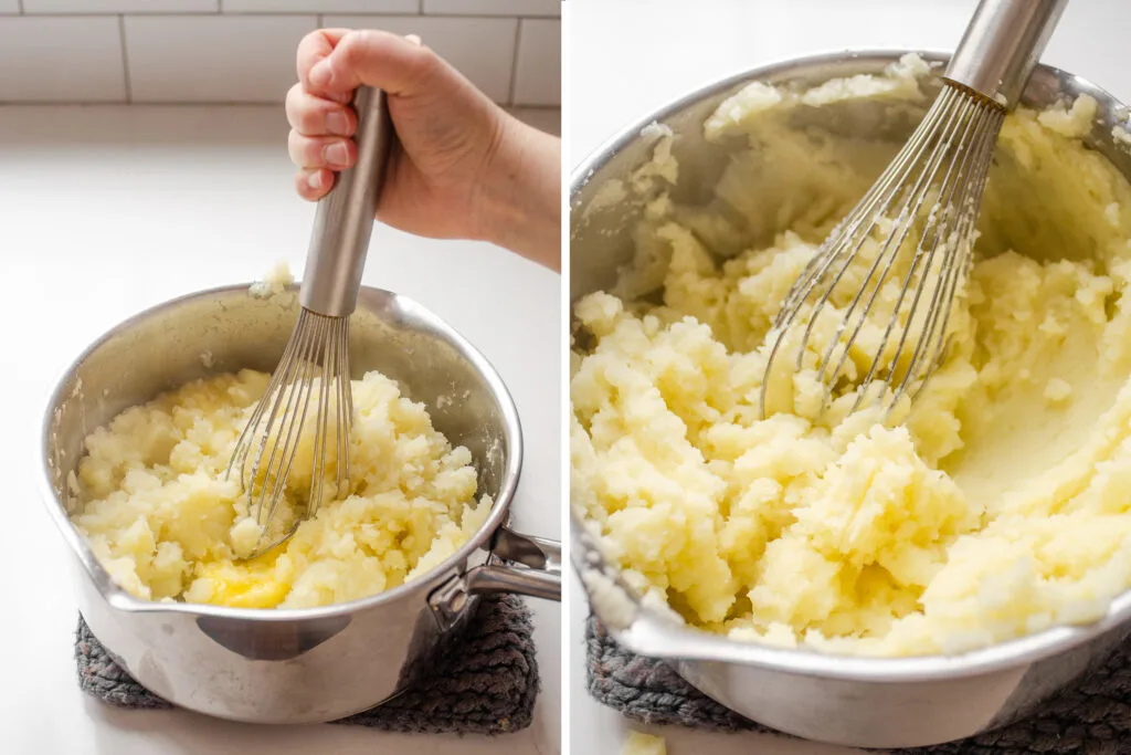 A diptych showing mashing potatoes with a whisk, and the resulting texture.