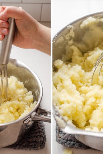 A diptych showing mashing potatoes with a whisk, and the resulting texture.