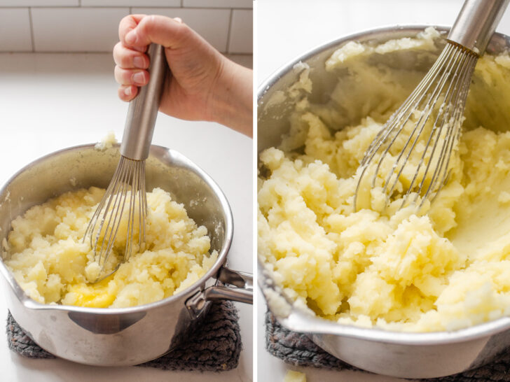 A diptych showing mashing potatoes with a whisk, and the resulting texture.