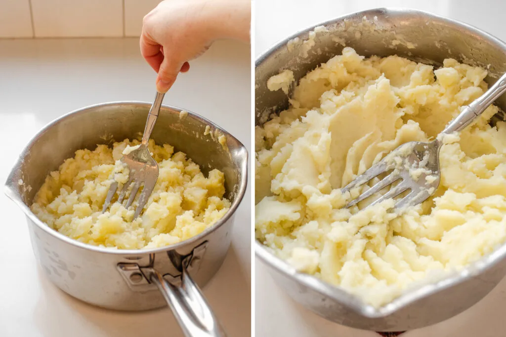 A diptych showing mashing potatoes with a fork, and the final result.