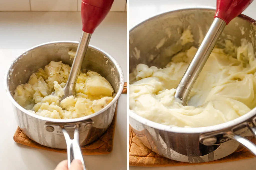 A diptych with the photo on the left showing mashing potatoes with a stick blender, and on the right the final result.