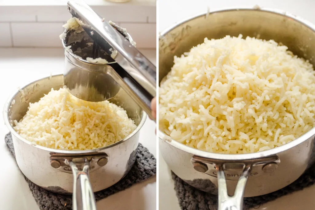 A diptych showing ricing potatoes for making mashed potatoes.