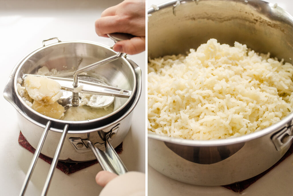 I diptych showing mashing potatoes with a hand crank food mill.