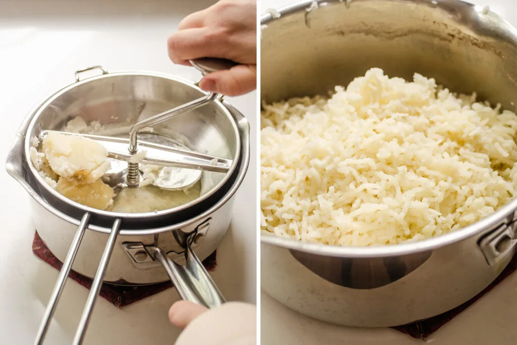 I diptych showing mashing potatoes with a hand crank food mill.