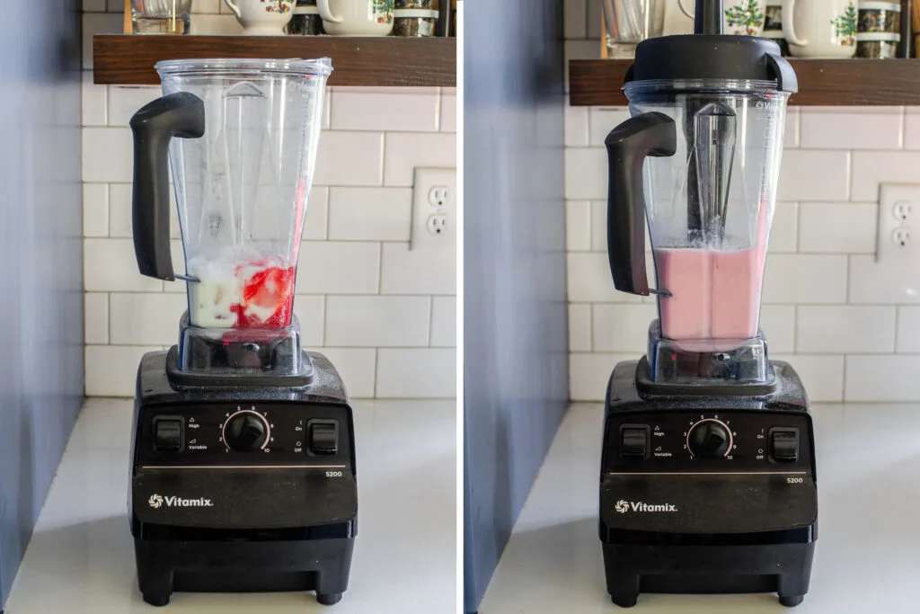 A diptych showing a Vitamix blender with the unblended ingredients for the strawberry frappuccino on the left, and the blended frappuccino on the right.