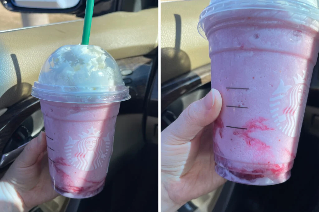 A diptych showing a Starbucks strawberry creme frappuccino, plus a close up shot of the strawberry puree sauce.