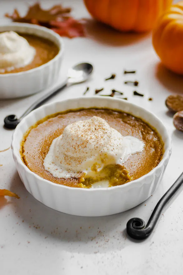 This baked pumpkin custard is a gluten free way to enjoy some wonderful fall spices. It's basically like individual crustless pumpkin pies!