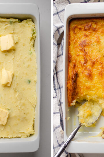A diptych showing before and after of baked mashed potatoes being baked.
