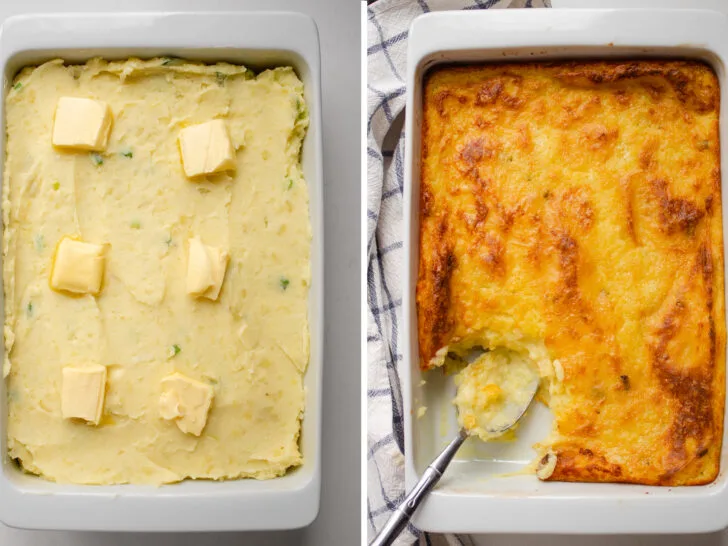 A diptych showing before and after of baked mashed potatoes being baked.