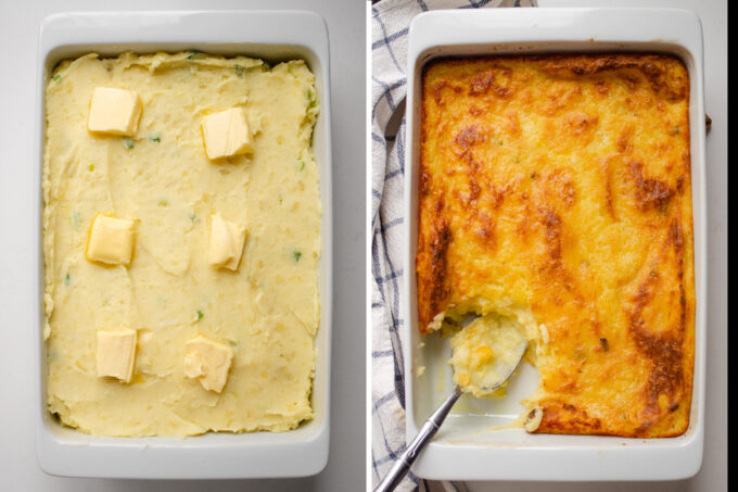 A diptych showing before and after of baked mashed potatoes being baked.