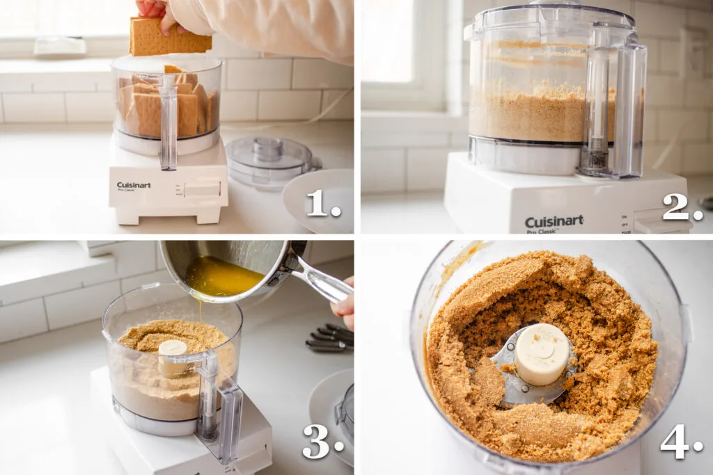 A series of 4 photos showing the steps to mixing together a graham cracker crust.