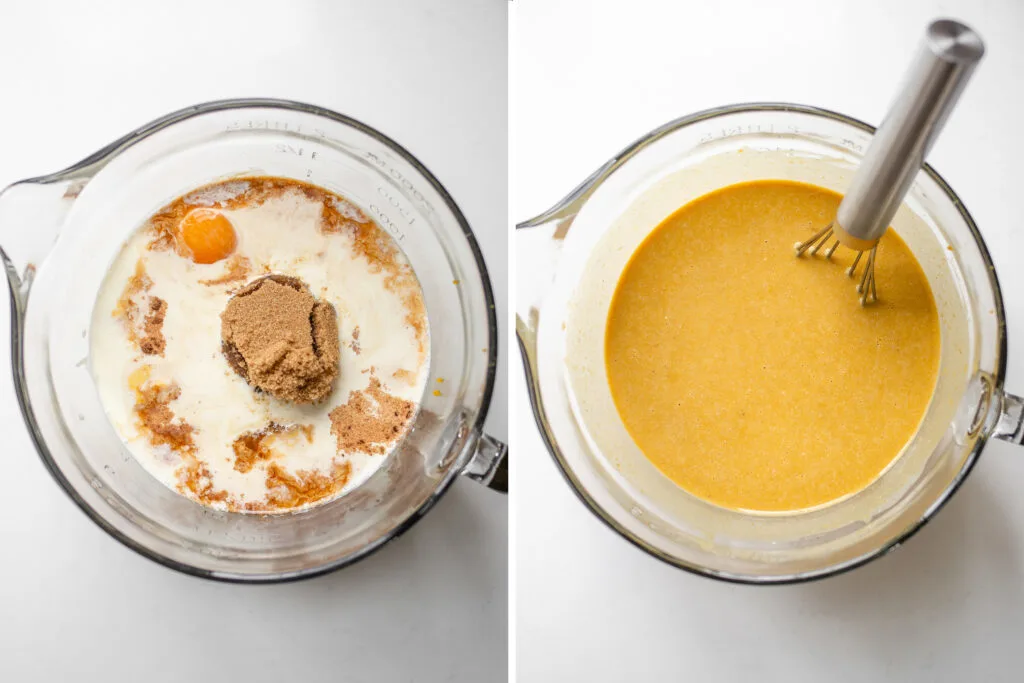 Whisking all of the ingredients for the pumpkin custard together in a large measuring cup.