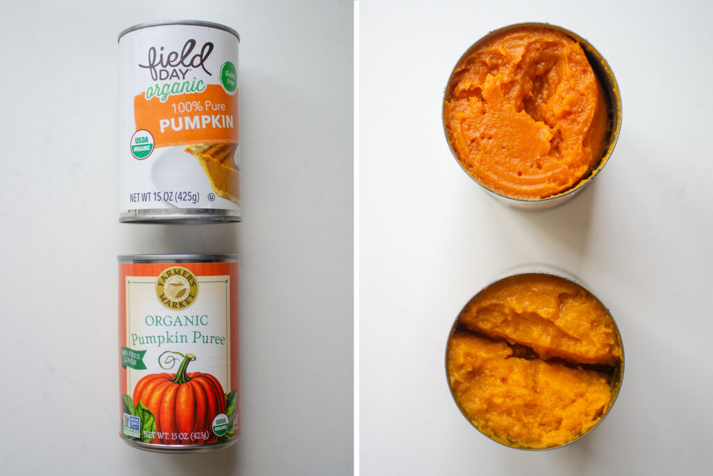 A diptych showing cans of pumpkin puree on the left, and the open cans on the right.