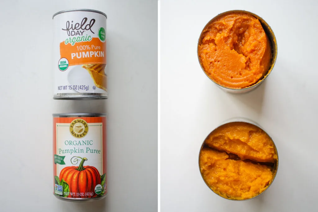A diptych showing cans of pumpkin puree on the left, and the open cans on the right.