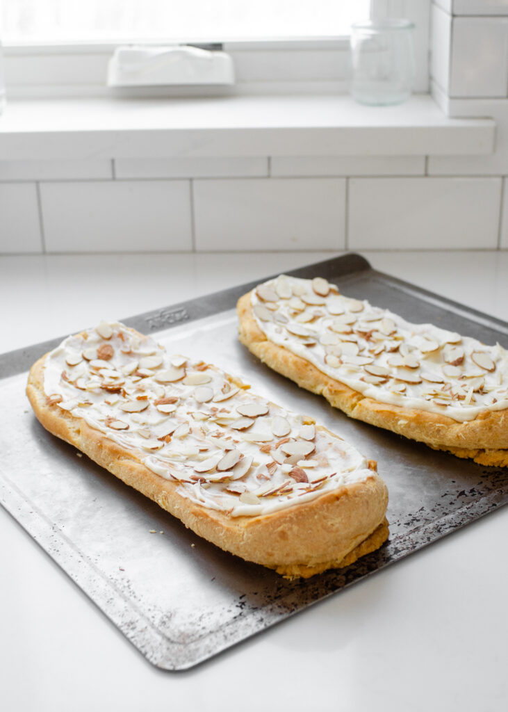 The two finished Danish puffs on a baking sheet.