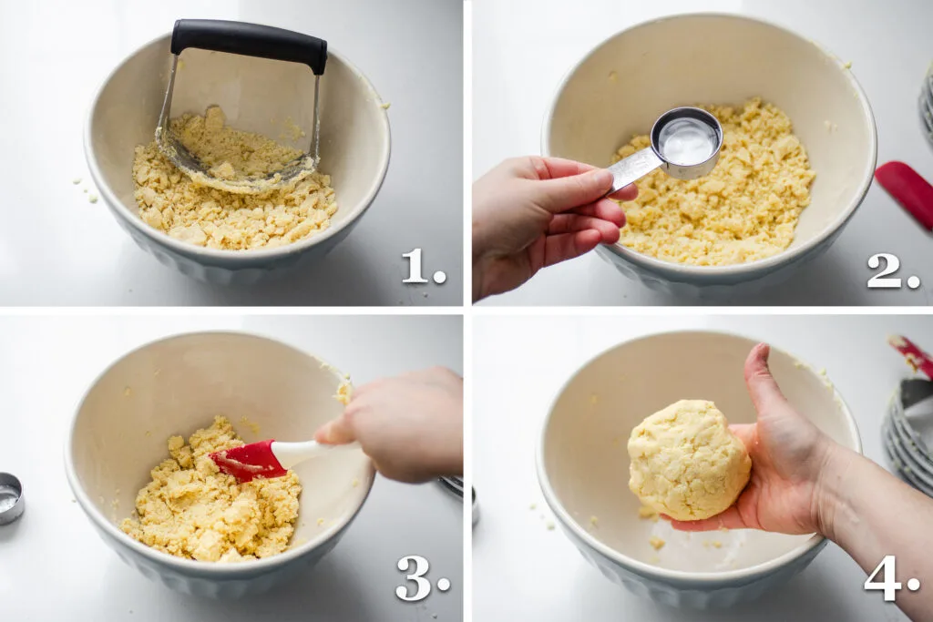 A photo collage showing four of the steps to making the short crust pastry.