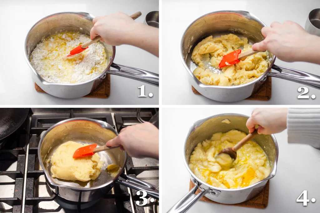 A photo collage showing four of the steps to making the choux style pastry.