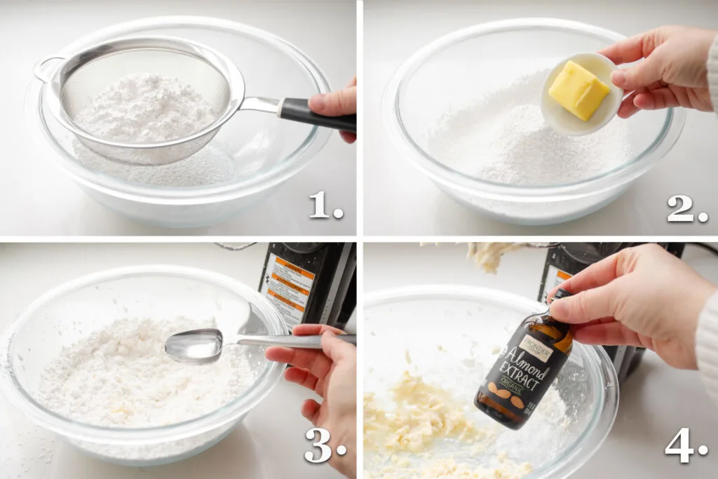 A photo collage showing the steps to making the frosting.