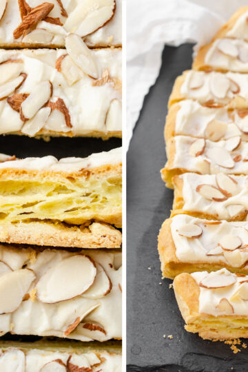 A diptych showing a top down view of slices of Danish puff pastry, and a 3/4 view of the pastry on a slate board.