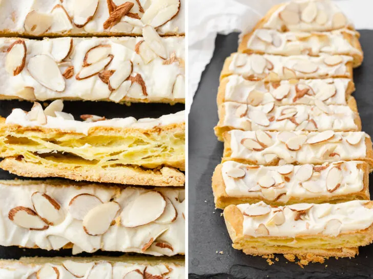 A diptych showing a top down view of slices of Danish puff pastry, and a 3/4 view of the pastry on a slate board.