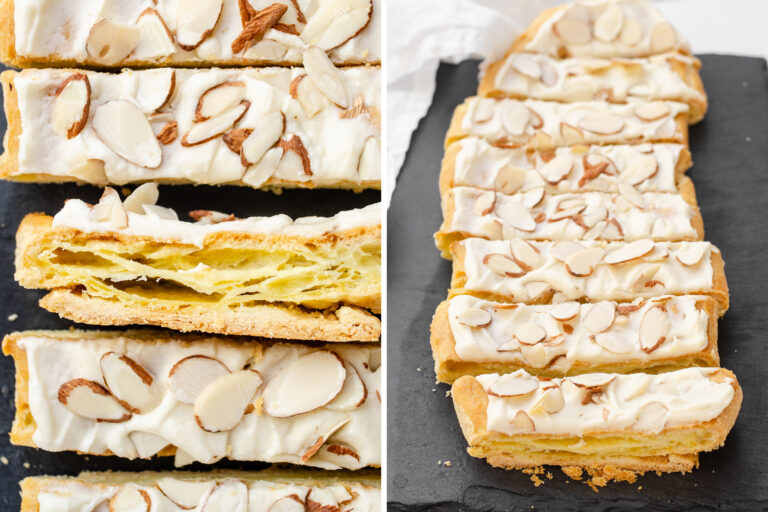 A diptych showing a top down view of slices of Danish puff pastry, and a 3/4 view of the pastry on a slate board.