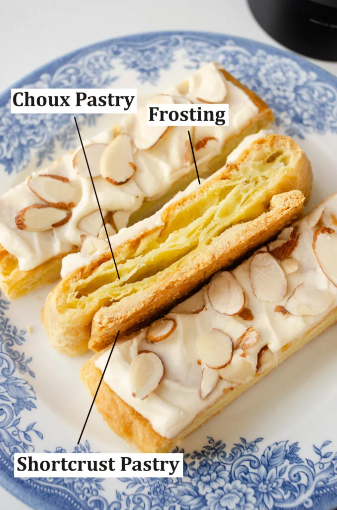 3 slices of Danish puff pastry dessert on a blue and white plate with words labeling the 3 different layers.
