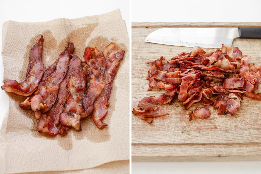 A diptych showing cooked strips of bacon and then the chopped bacon.