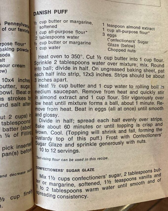 Photo of a vintage Betty Crocker cookbook that contains the almond Danish puff recipe.