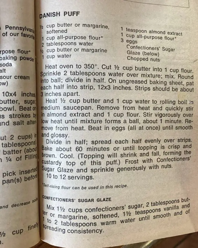 Photo of a vintage Betty Crocker cookbook that contains the almond Danish puff recipe.