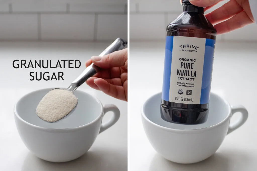 A diptych showing putting a tablespoon of sugar in a mug on the left, and holding a bottle of vanilla extract on the right.