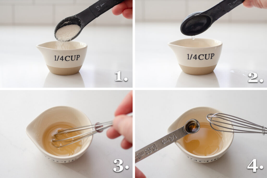 A series of 4 photos showing the steps to making a single serving of vanilla syrup.