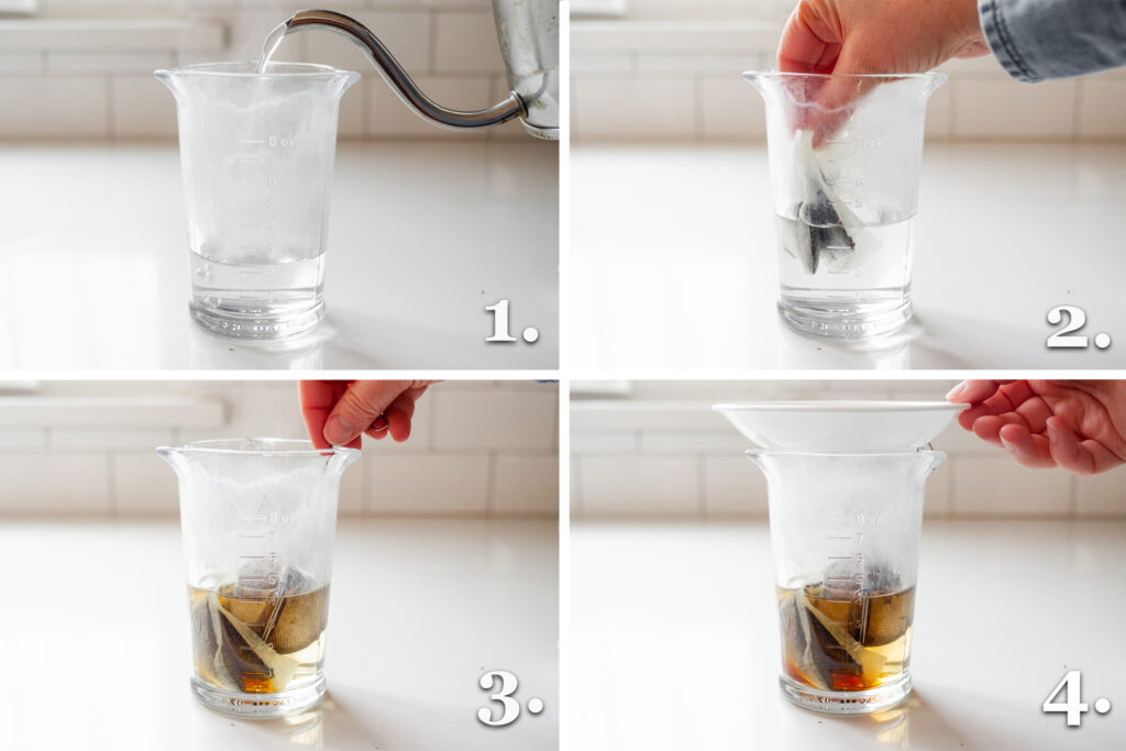 A collage of 4 photos showing the process of making the tea for a traditional iced London Fog latte.