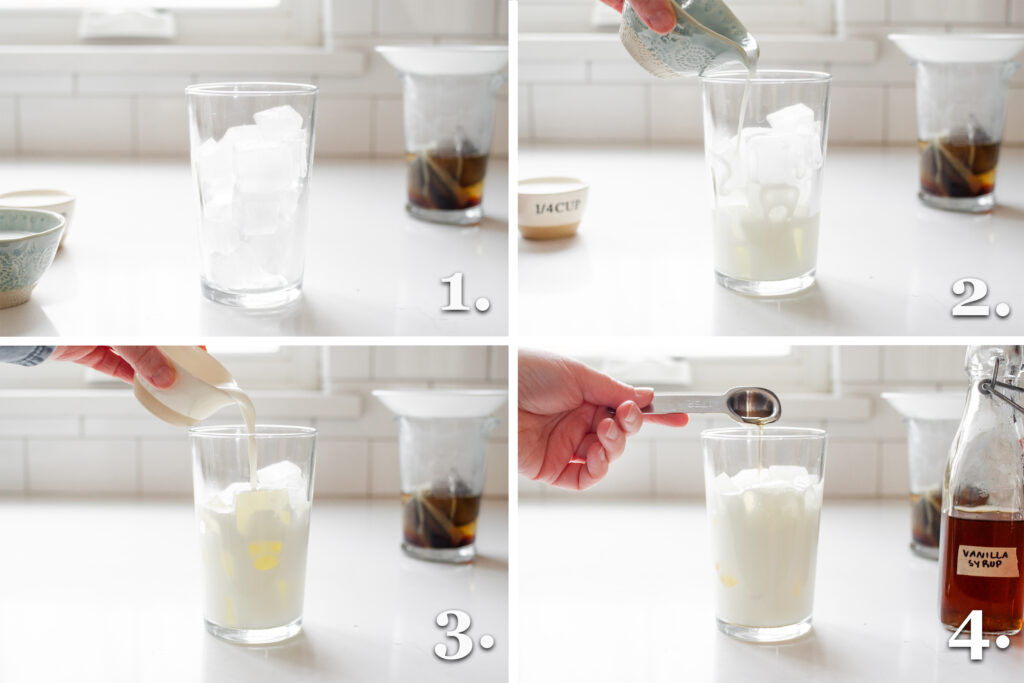 A 4 photo collage showing the steps to putting together an iced London Fog latte.