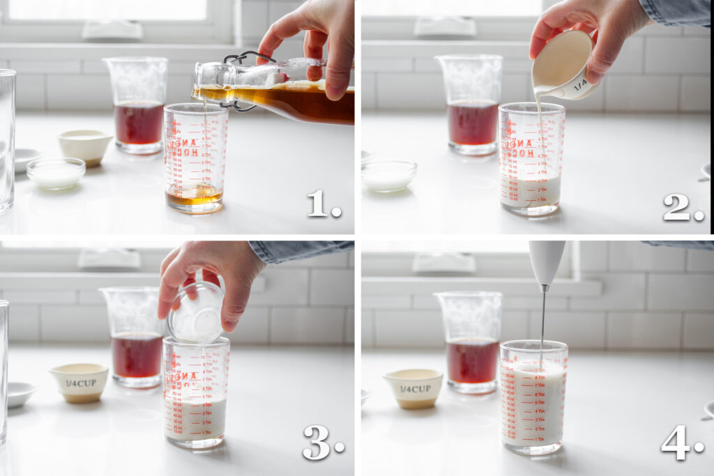 A collage of 4 photos showing the steps to making the sweet cream cold foam.