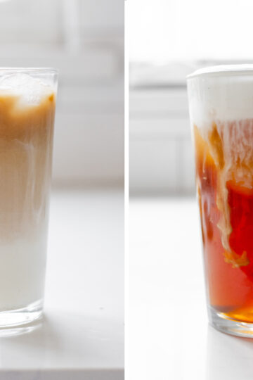 A diptych showing two ways to make an iced London Fog Latte at home.