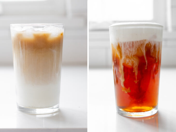 A diptych showing two ways to make an iced London Fog Latte at home.