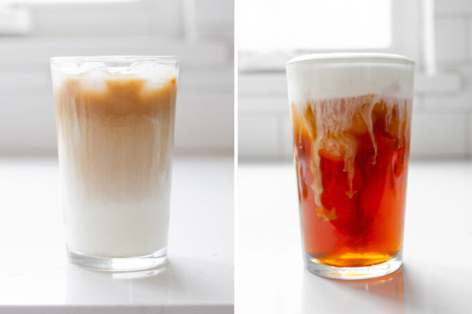 A diptych showing two ways to make an iced London Fog Latte at home.