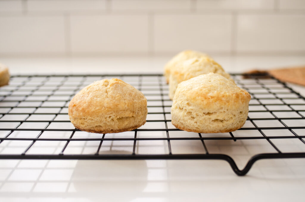 A side photo of the scones showing the difference in height between the ones stored in the fridge vs the freezer.
