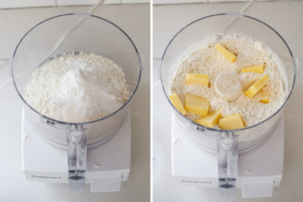 A diptych showing the dry ingredients in a food processor, and then the butter added to the dry ingredients.