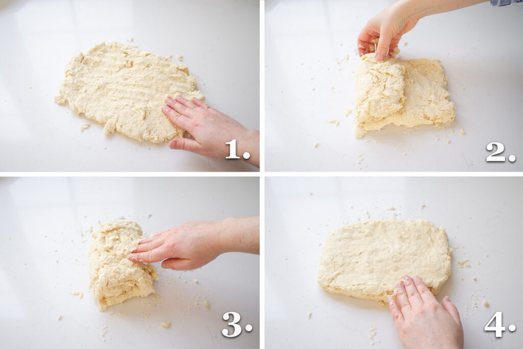 A 4 photo collage showing how to fold the scone dough to create flaky layers.