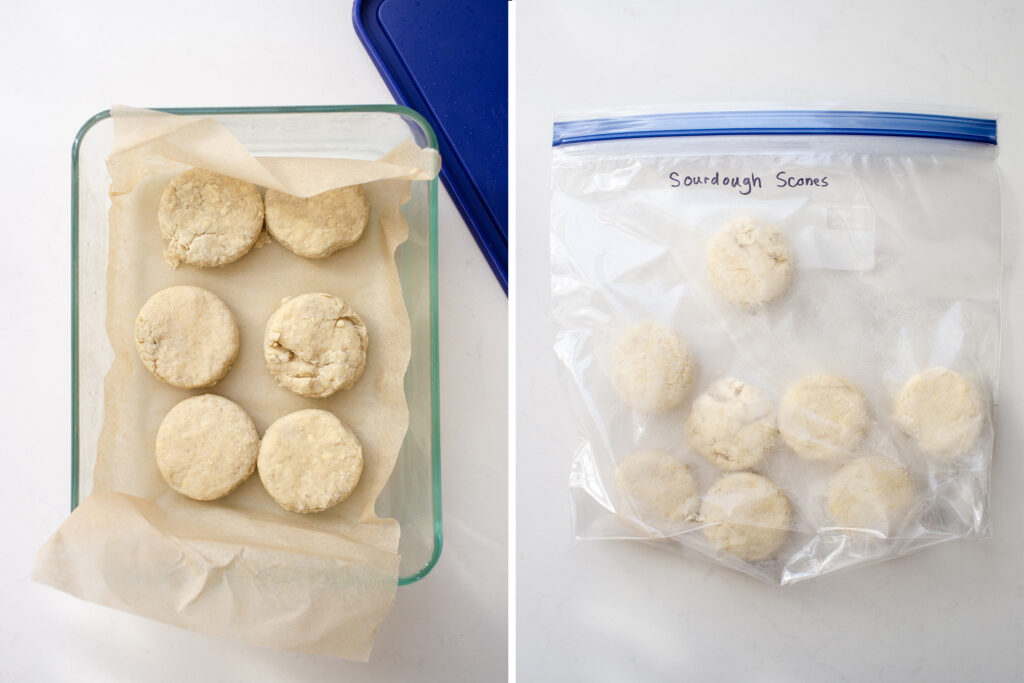 A diptych showing how to store the unbaked scones either in the fridge or the freezer.
