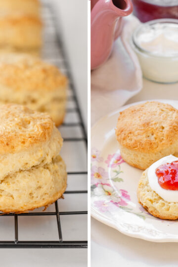A diptych showing sourdough scones on a cooling rack, and plated with a teapot in the background.