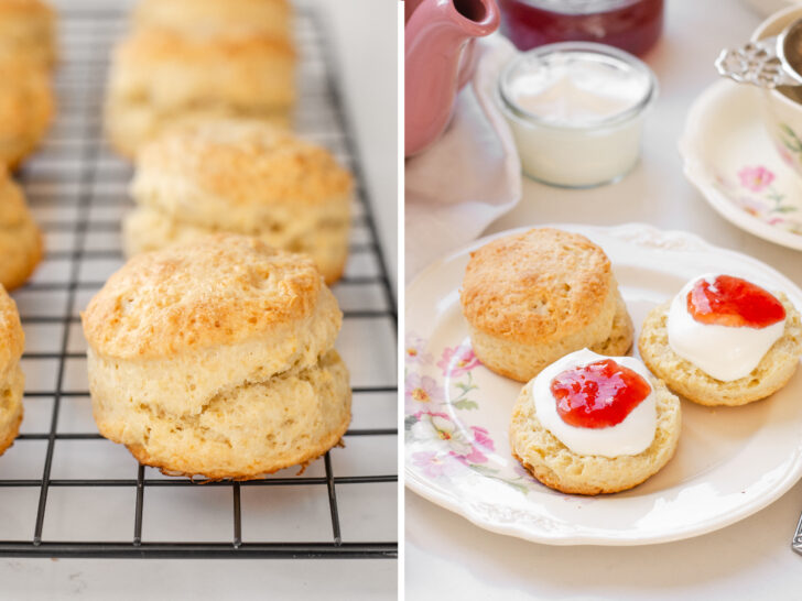 A diptych showing sourdough scones on a cooling rack, and plated with a teapot in the background.