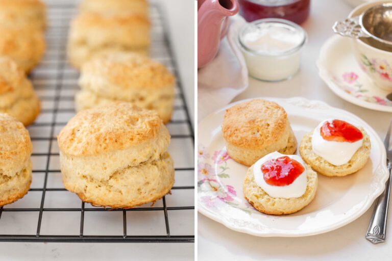 A diptych showing sourdough scones on a cooling rack, and plated with a teapot in the background.